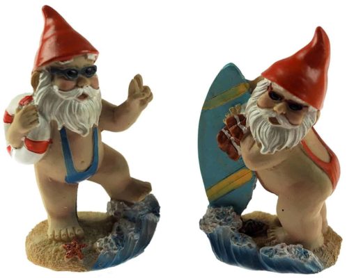 2 mini mankini gnomes one with surfboard and the other one with a swim ring