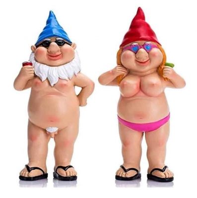 a naked garden gnome couple